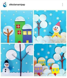 four pictures of snowmen and houses made out of paper