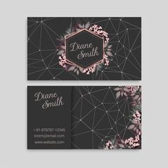 two business cards with pink flowers and geometric lines in the background, on dark gray