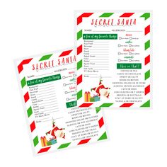 two christmas party game cards with santa's help list and elf on the chimney