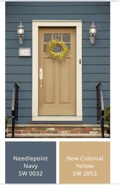 a blue house with yellow wreath on the front door and two lights above it that says needlepoint naval yellow sw 0023