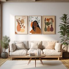 a living room with three paintings on the wall