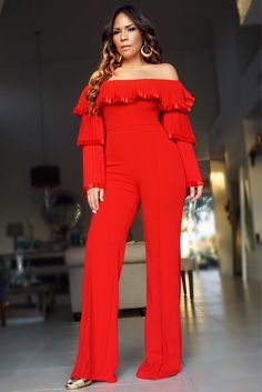 Chloe Evelyn Pleated Off Shoulder Top Long Sleeves Jumpsuit - Red