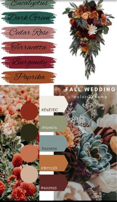 the color scheme for fall wedding with flowers and foliage in shades of red, orange, green