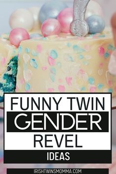 a cake with pink, blue and white frosting on top that says funny twin gender reveal ideas