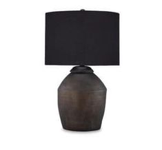 a table lamp with a black shade on it