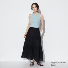 Crinkle Cotton Tiered Skirt | UNIQLO US Uv Protection Clothing, Long Midi Skirt, Crinkle Cotton, Jean Michel Basquiat, Tank Top Camisole, Spring Shirts, Metal Gear, Tier Skirt, Designer Jeans