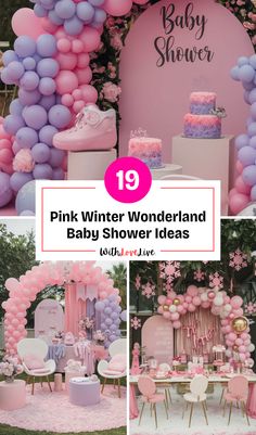 pink winter wonderland baby shower ideas with lots of balloons and decorations on the wall, including cake