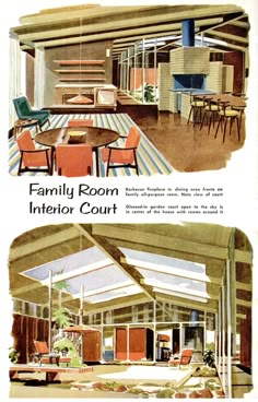 an old advertisement for the interior court and family room, with pictures of furniture in it