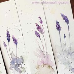 three watercolor paintings of purple flowers on white paper