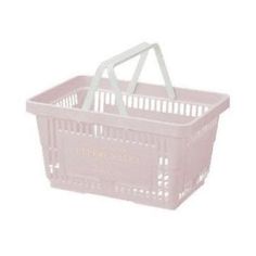 a pink plastic basket with handles