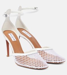 Leather-trimmed mesh pumps in white - Alaia | Mytheresa Luxury Mesh Heels, Luxury Mesh Heels For Formal Occasions, Leather Sole Court Shoes For Summer Evenings, Summer Evening Court Shoes With Leather Sole, Designer Ballet Flats, Minimal Shoes, Mid Heel Boots, Mid Heels Pumps, Mid Heel Sandals