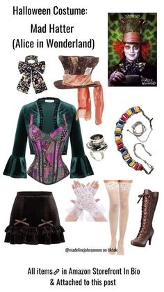 an advertisement for halloween costume mad hatter alice in wonderland, including boots and accessories