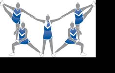 three people in blue and white uniforms are doing yoga poses with their hands up to the side