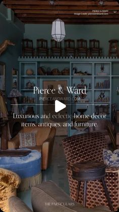 a living room filled with lots of furniture next to a book shelf full of books