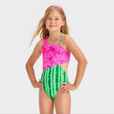 Cat & Jack Girls “One In A Melon” Watermelon Print Cutout One-Piece Swimsuit Nwt Size Small (6/7) Purchased For My Daughter But She Never Wore It And It Would No Longer Fit Her. Melon Fruit, Fruit Fashion, Watermelon Pattern, Watermelon Print, Baby Swimwear, One In A Melon, Fruit Print, Swimsuit Shops, Kids Outfits Girls