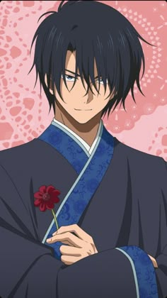 an anime character with black hair holding a flower