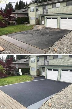 before and after photos of a driveway with gravel laid on the ground to protect it from falling over