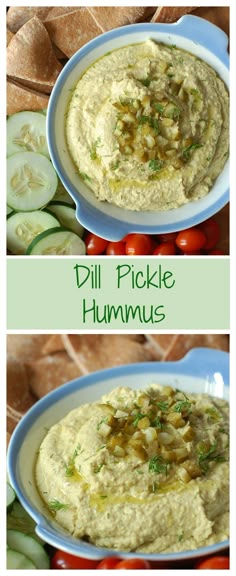 two pictures of hummus with pickles and tomatoes