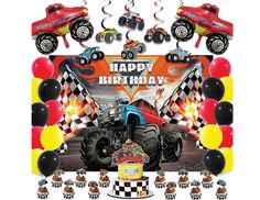 a birthday party with monster trucks and balloons