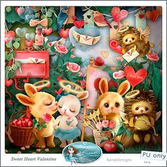 a painting of rabbits and other animals in front of a wall full of valentine items