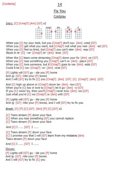 the guitar chords page for fix you coldplay, which is written in red and black