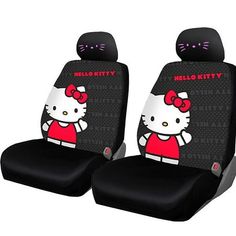 two hello kitty car seat covers with the word hello kitty on them