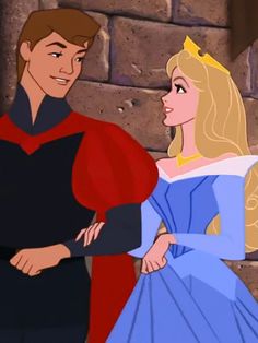 the prince and princess are standing next to each other in front of a brick wall