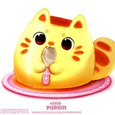 a yellow cat sitting on top of a pink plate with a spoon in it's mouth