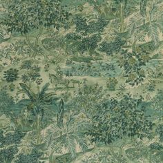 a green and white wallpaper with trees, plants and animals in the woods on it