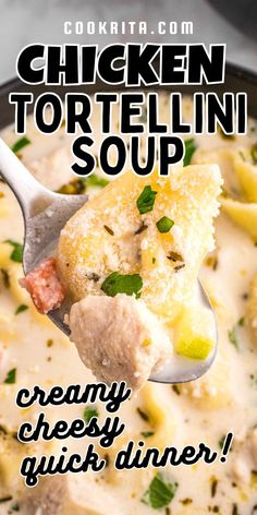 chicken tortellini soup in a black bowl with a spoon full of creamy cheesy, quick dinner