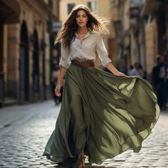 This versatile skirt is ideal for both hot summer days and cooler autumn weather. Crafted from a blend of locally and sustainably sourced cotton and linen, it offers breathability and comfort. With an elastic waist, it ensures a comfortable fit, and it is available in 5 different colors to suit various preferences. Bohemian Skirts Long, Linen Long Skirt, Cotton Maxi Skirt, Green Maxi Skirt, Long Flowy Skirt, Skirt Linen, Long Skirt Summer, Maxi Skirt Outfits, Mode Boho