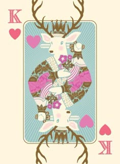 the back side of a playing card with an image of a deer and hearts on it