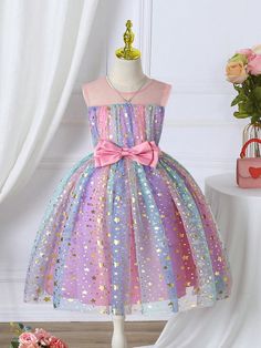 Tween Girl's Sparkly Star Print Gradient Mesh Tulle Dress With Bow Decoration Multicolor Party  Sleeveless Polyester Floral Fit and Flare Non-Stretch  Tween Girls Clothing, size features are:Bust: ,Length: ,Sleeve Length: Floral Fit, Tutu Dress, Tulle Dress, Gold Stars, Dress With Bow, Girls Clothing, Star Print, Fit And Flare, Length Sleeve