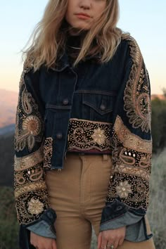 Embellished Indian Sari Denim Jacket | Made to Order Custom Design – Wild & Free Jewelry Stile Hippie Chic, Embellished Jean Jacket, Ropa Upcycling, Idee Babyshower, Look Boho Chic, Embellished Denim Jacket, Looks Country, Statement Jacket, Beaded Jacket