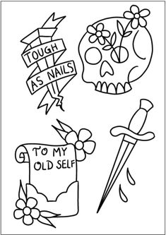 a coloring page with skulls, flowers and an old self sign on the back ground