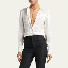 TOM FORD striped silk button-front blouse  Spread collar Long sleeves; button cuffs  Back yoke  Curved hem  Relaxed fit  Silk Made in Italy Elegant Shirt With Vertical Stripes For Daywear, Elegant Formal Tops With Striped Collar, Elegant Formal Top With Striped Collar, Elegant Striped Blouse, Elegant Formal Shirt With Striped Cuffs, Elegant Office Blouse With Striped Collar, Elegant Striped Tops With Button Cuffs, Classic Formal Blouse With Striped Collar, Elegant Vertical Striped Workwear Blouse