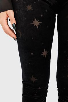 COMA STAR.- Super soft velvet.- Moon and stars artwork.- Elasticated waistband.- Fitted.With KILLSTAR branding, 58% Polyester 33% Polyamide 9% Elastane.Machine wash cold (30°c) / Do not bleach / Do not tumble dry / Iron at low temperature / Do not dry clean. Imported. Goth Staples, Comfy Goth, Bleached Leggings, Stars Artwork, Gothic Tights, Black Lace Leggings, Soft Goth, Star Pants, Black Velvet Leggings