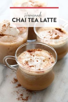 homemade chai tea latte recipe in glass mugs with whipped cream on top