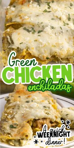 green chicken enchiladas on a white plate with text overlay that reads green chicken enchiladas