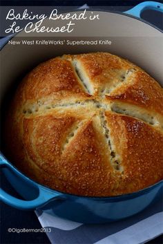 a loaf of bread in a blue pot with the words baking bread in the crust