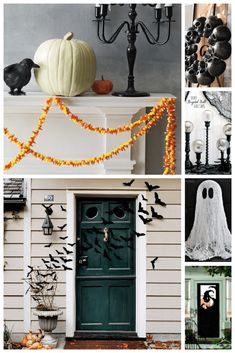 halloween decorations and decorating on the outside of a house with pumpkins, bats, candles