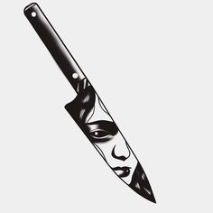 a black and white drawing of a knife with a woman's face on it