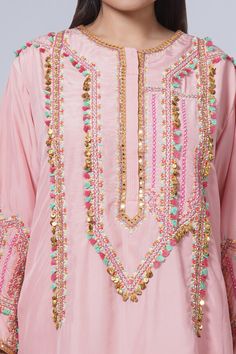 Pink A-line kurta with coin and fringed tassel embroidered bodice and sleeveless. Comes with floral printed pant. - Aza Fashions Floral Print Pants, A Line Kurta, Embroidered Bodice, Pants Pattern, Pant Set, Set For Women, Floral Printed, Aza Fashion, Pants Set