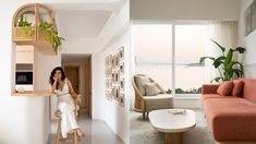 a woman sitting on a stool in a living room next to a couch and coffee table