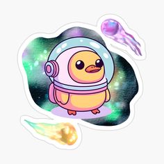 a sticker with an image of a penguin wearing a space suit and planets in the background