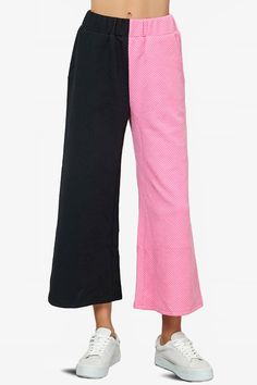 Lassy Textured Colorblock Lounge Culotte BLACK AND PINK_1 Going Out With Friends, Culotte Pants, Cropped Wide Leg Pants, Leg Design, Textured Knit, Black And Pink, Out With Friends, Lounge Pants, Knitting Materials