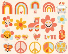 an assortment of colorful stickers with flowers, hearts, and peace signs on them