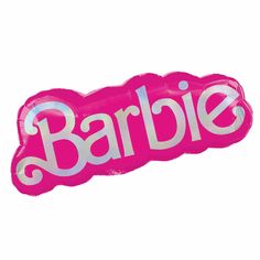 a pink balloon with the word barbie printed on it's side, in front of a white background