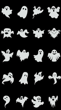 halloween ghost silhouettes on black background, set of twelve different shapes and sizes illustration