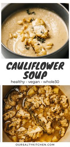 cauliflower soup in a bowl with text overlay